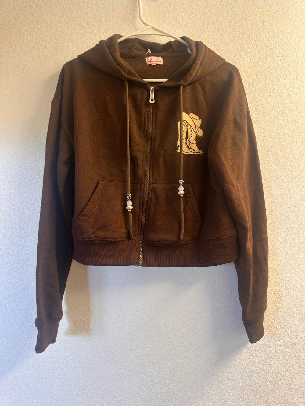 Brown Cropped Zip Hoodie with Cream Logo